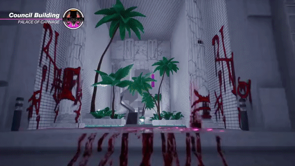 An animated gif of a blood-soaked hallway with two chalk outlines where a couple of murdered guards lie, as well as shots of the various detective systems within Paradise Killer