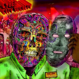 The cover for Fatboi Sharif's Cyber City Society: a drawing of a man opening his face on a hinge, revealing colorful circuitry in place of flesh and bone.