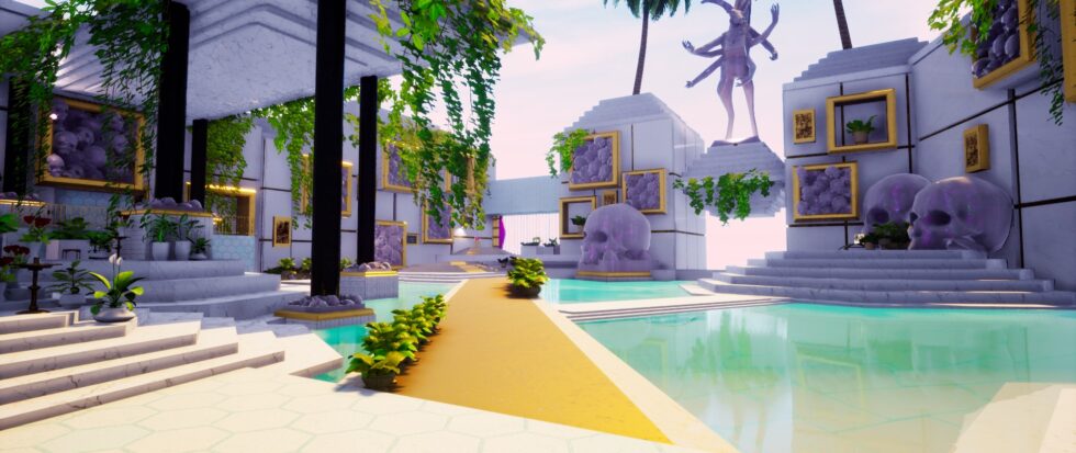 A background shot of Lady Love Dies prison, the player's introduction to Paradise Killer, featuring palm trees, clear pools, and crystal scupltures of the Silent Goat and many giant skulls