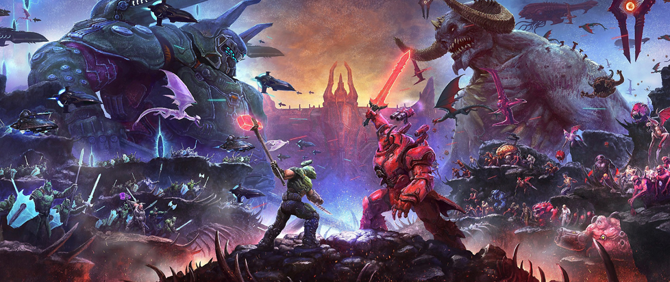 In key art from the Doom series, the marine protagonist squares off against a large demon, legions of fighters gathering behind each combatant.
