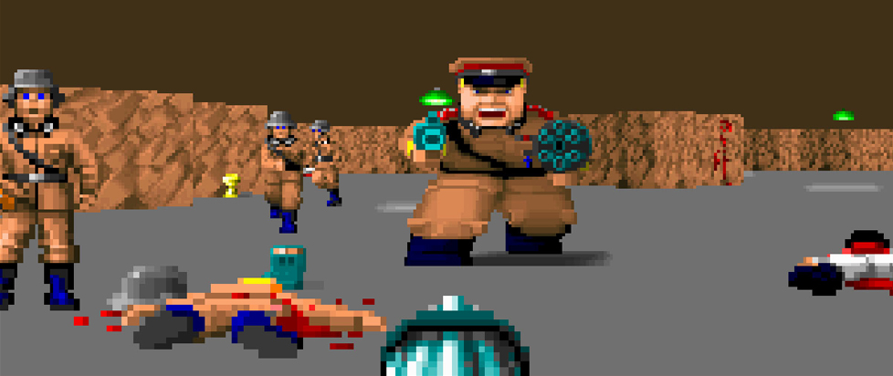A first-person perspective of gameplay of Wolfenstein 3D. Two pixelated Nazi soldiers lie bleeding on the floor while two others and an officer attack the protagonist.