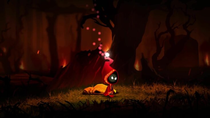 A small figure with a hood tipped in magical flame walks through a dark wood.