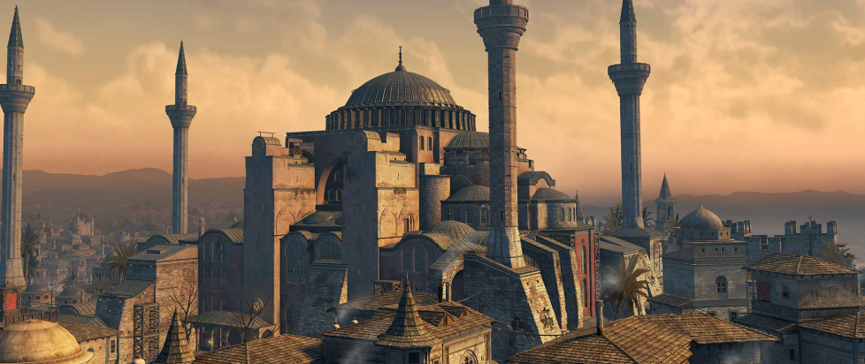 Islamic arctitechture from Assassin's Creed Revelation's Istanbul/Constantinople, with towering minarets, domes, and many other varieties of building
