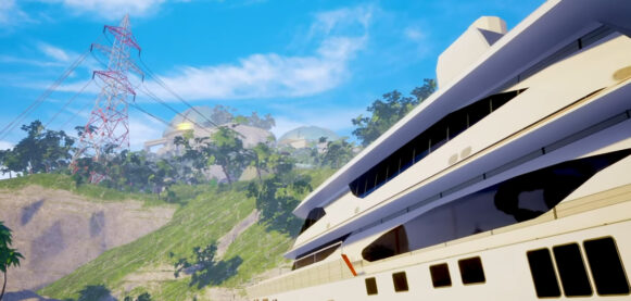 The yacht owned by Dr. Doom Jazz in Paradise Killer, docked on another beautiful day on the island