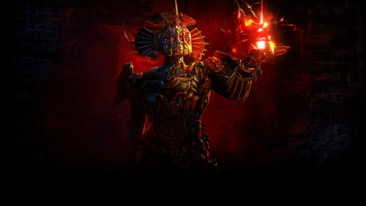 An imposing figure wears golden armor which gives the impression the wearer has three faces. The helmet is ringed with ornamentation that suggests splayed, reptilian fins. The figure holds a flame-red orb aloft.