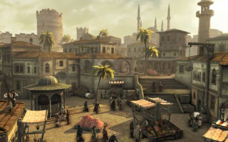 A bustling street scene from Assassin's Creed Revelations, featuring a diversity of Islamic architecture