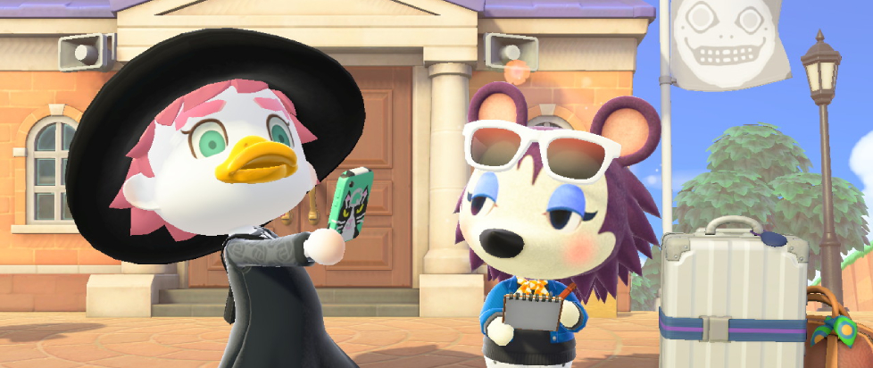 Label, fashionable hedgehog with sunglasses perched and a clipboard in her claws, stands and admires Trevor's animal crossing character as they're wearing a witch hat, duck mouth, and black dress and taking a selfie