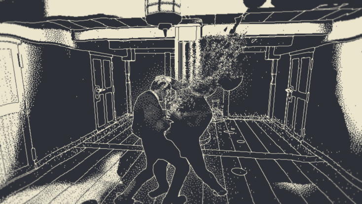 A frozen moment from The Return of the Obra Dinn shows one man shooting another in the head at the moment of impact.