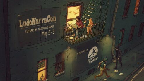 A promo image for LudoNarraCon, featuring a woman and a pup sitting on a fire escape typing away on a new piece, while a man in a fedora and a swagged out kid walk the city streets below