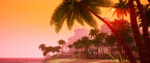 A tranquil beach scene from paradise Killer, with palm trees near and far and the various buildings of the 24th island sequence in the background