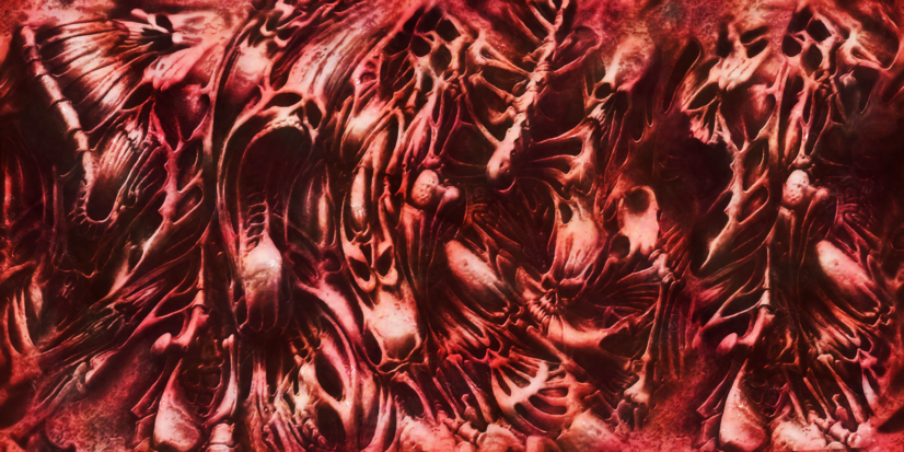 A wall made of flesh. Screaming, demonic faces can be just discerned in its meaty folds.