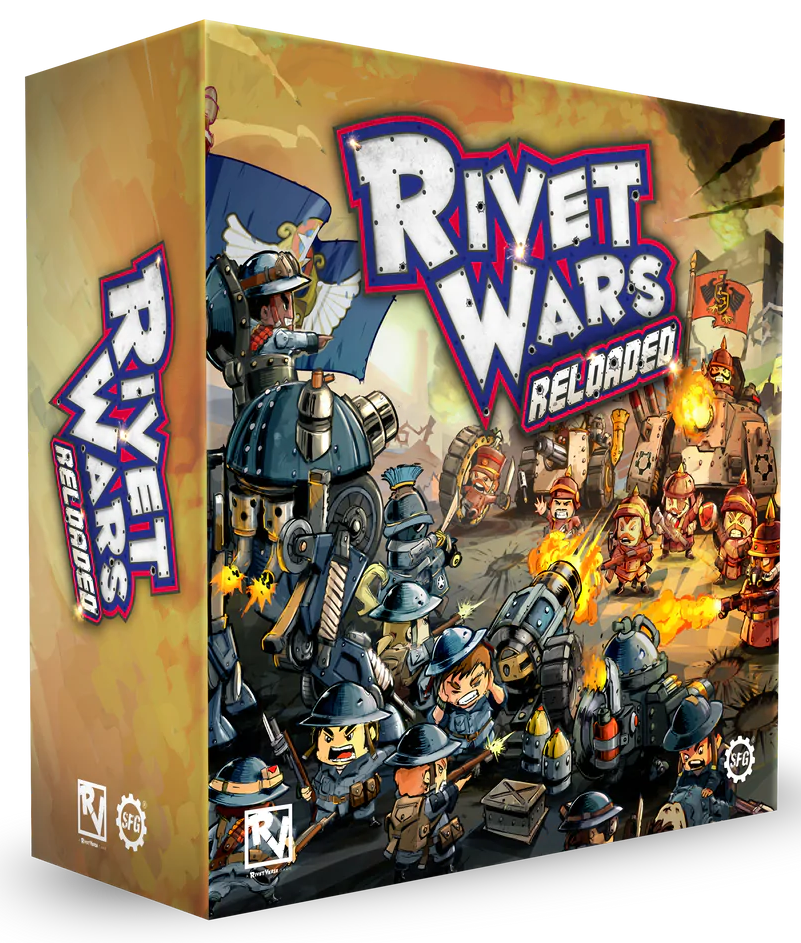 The box for Rivet Wars reloaded, with two adorable armies with two-legged mechs, tanks, mortar cannons, all firing at one another