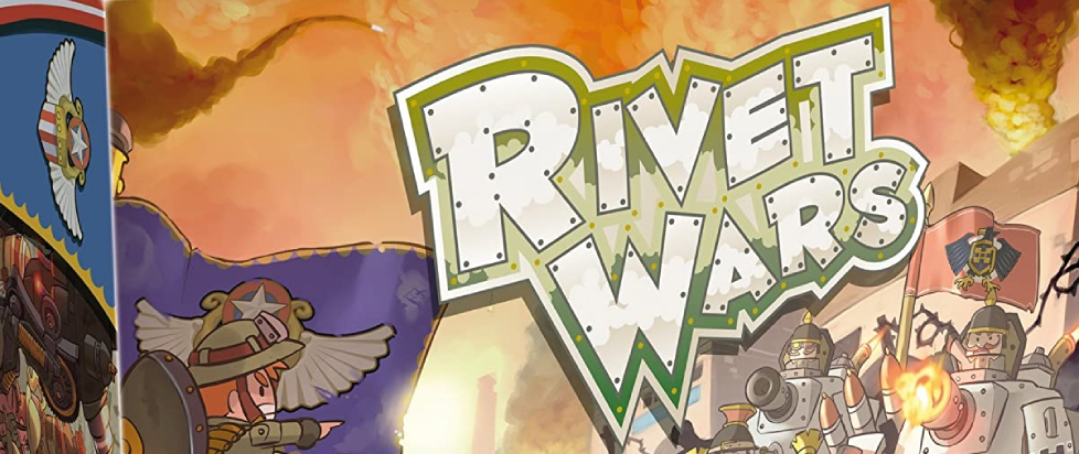 A crop of the cover of the original Rivet Wars, with a logo that appears to have been cut out of a tank's walls and