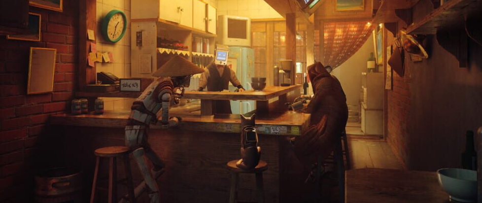 A scene from the game Stray where the player cat sits patiently on a stool while three robots endeavor to serve them
