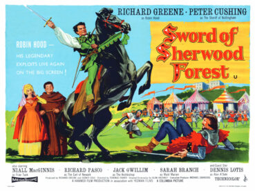 A dynamic poster for Sword of Sherwood Forest, featuring robin hood on a rearing horse with his sword drawn and towering over a craven sheriff of Nottingham