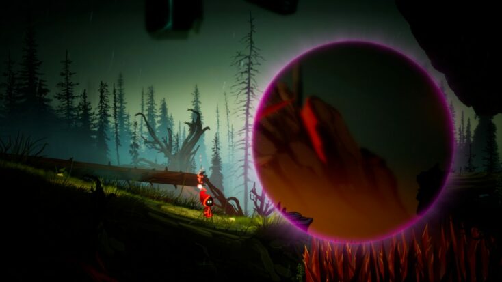 In a screenshot from Unbound: Worlds Apart, the player figure stands in a lusher, greener forest with evidence of new growth, gazing towards what looks like a mystical portal.
