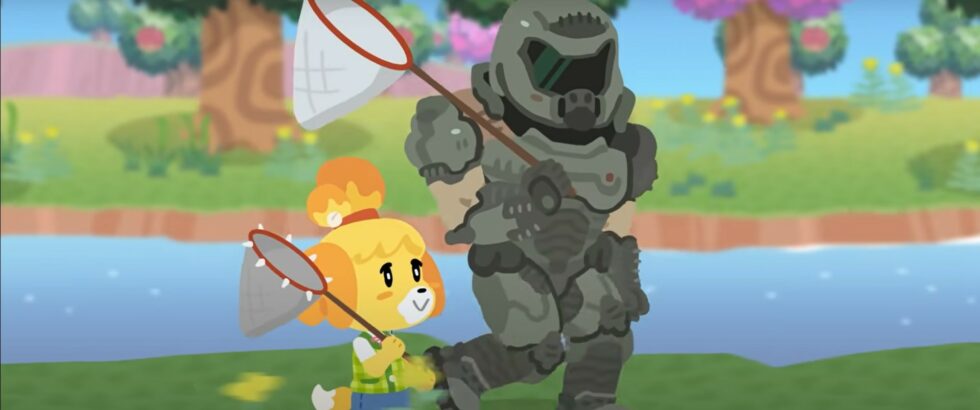 Isabelle and Doomguy stroll along an idyllic river, butterfly nets in hand.