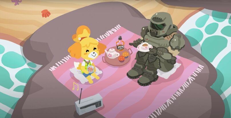 Isabelle and Doomguy enjoy a picnic on the beach. They sit with cups of tea on a cheery pink blanket, a small radio playing tunes beside them.