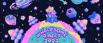 Banner for Wholesome Direct 2022, featuring a pair of cartoon cats sitting on a stump and staring into a starry neon sky, with planets and game consoles floating about