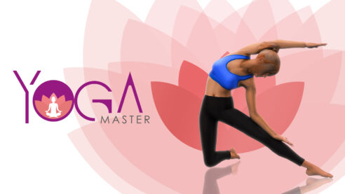 The cover for Yoga Master with a woman in athletic gear doing a half moon pose while stylized lotus flowers stacked in the background