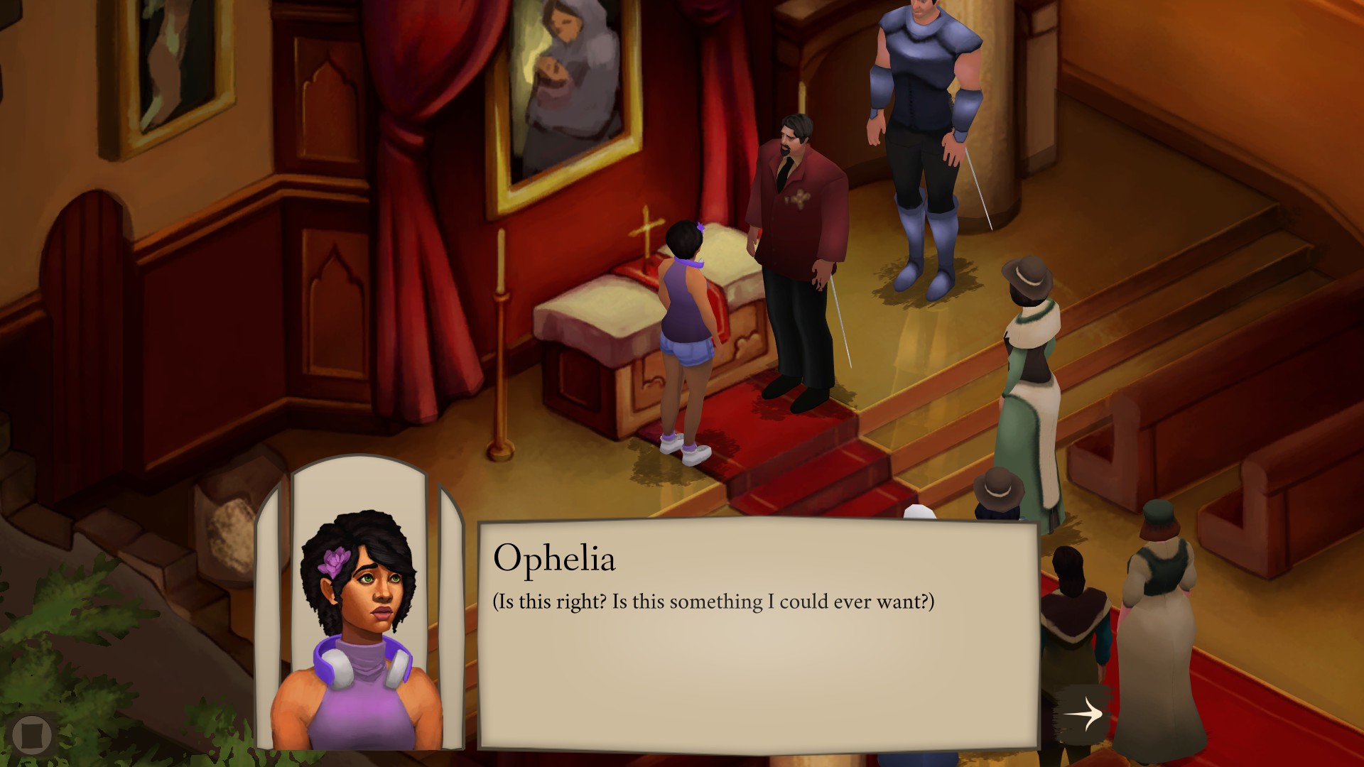 Screenshot from Elsinore, where a young Ophelia stands in front of an altar with a cross and next to a very large and imposing man, asking herself "Is this right? Is this something I could ever want?"