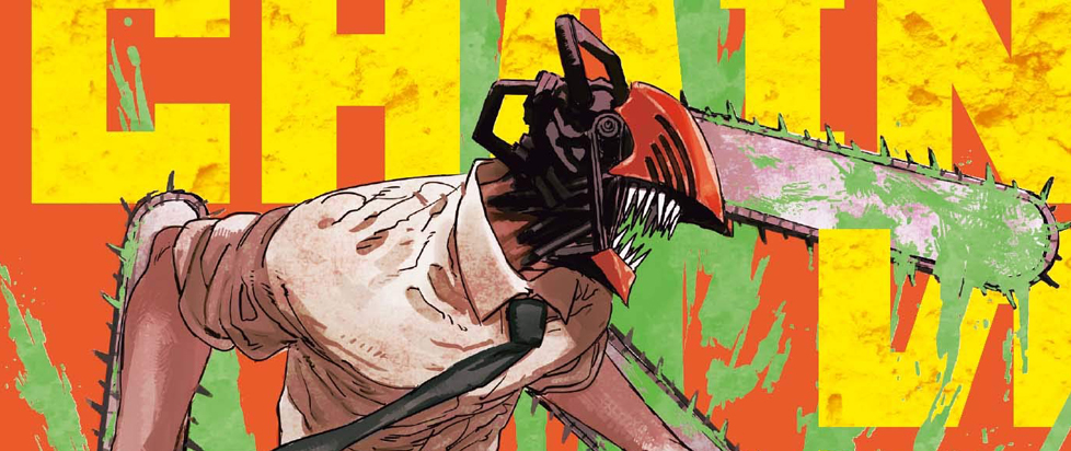 The title character of the manga Chainsaw Man, a man in shirt and tie with sharp teeth and a chainsaw for a head.