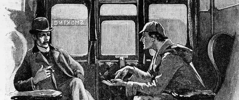A black and white lithograph of Sherlock Holmes and Dr. John Watson deep in discussion while traveling by train.