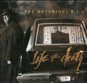 The cover of The Notorious B.I.G.'s Life After Death album, showing B.I.G. in a topcoat and bowler hat standing next to a Rolls Royce.