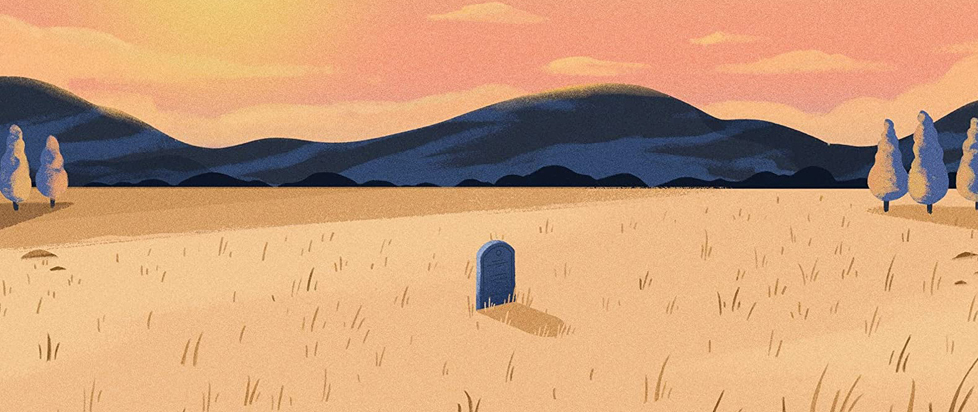 In a detail from the cover art of Javy Gwaltney’s Into the Doomed World, a lone tombstone sits in a large grassy field lit by sunset, mountains and trees rising behind it.