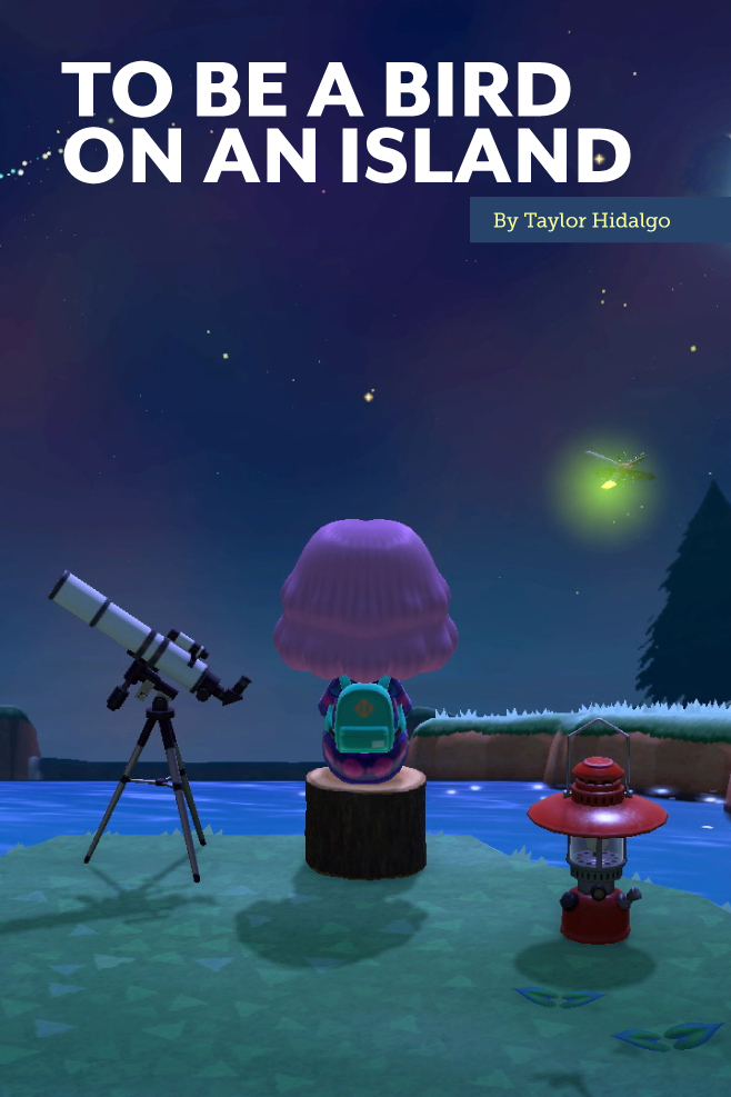 In a screenshot from Animal Crossing: New Horizons, a player character sits on a stump next to a telescope and camp lantern, gazing at the night sky.