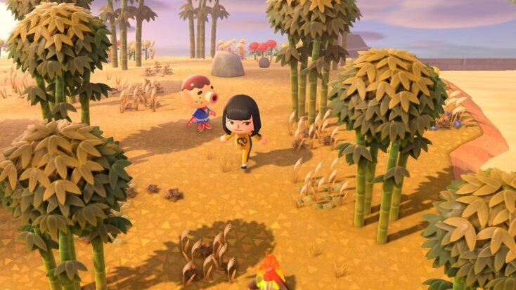 A screenshot from Animal Crossing: New Horizons shows the player character talking with an anthropomorphic octopus beside a sandy beach.