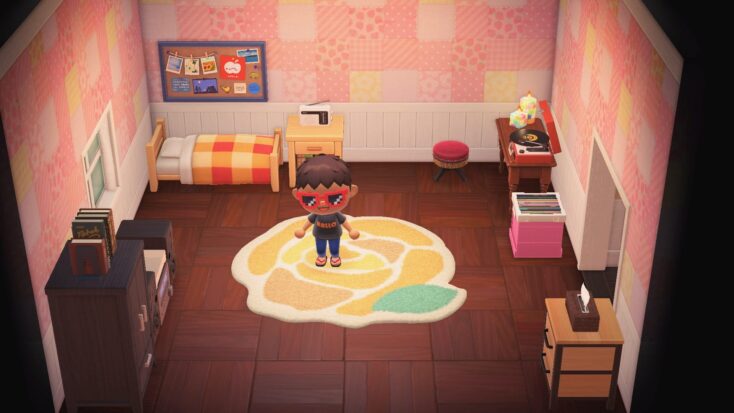 In a screenshot from Animal Crossing: New Horizons, the player character stands in the center of a sparsely furnished bedroom.