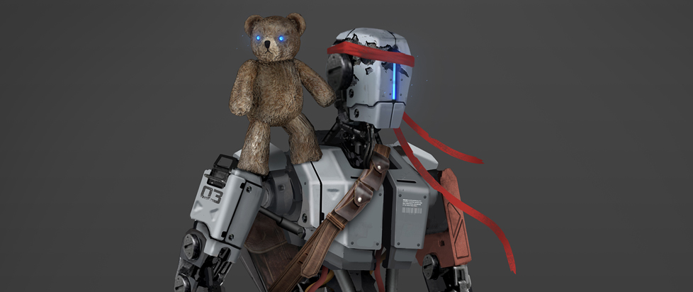 A 3D rendering of a gray metal robot wearing a shoulder-slung pouch and a loose piece of red fabric tied around its head. A teddy bear with glowing blue eyes perches on the robot's right shoulder.