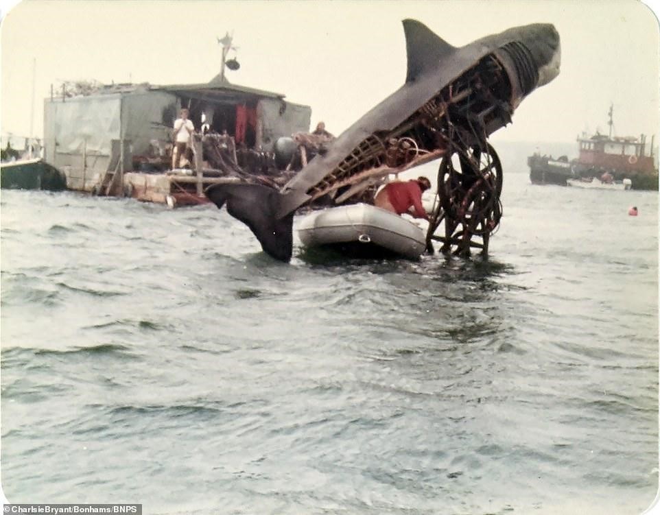 A photo of the mechanical shark being puppeteered to leap out of the water taken by Jaws script supervisor Charlsie Bryant.