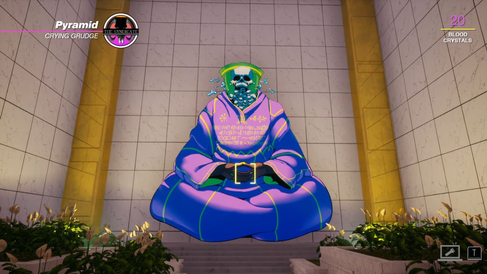 The god Crying Grudge, sitting in a meditative pose with his hands clasped in a tiled prison, a skull for a head trapped in glass, looks down upon the player