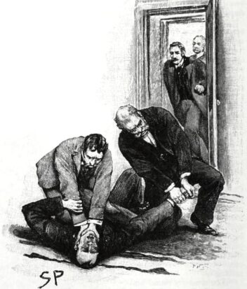 A black and white lithograph shows two men restraining another on the ground, with one man holding the restrained man by the throat. Two others look on from inside a doorway.