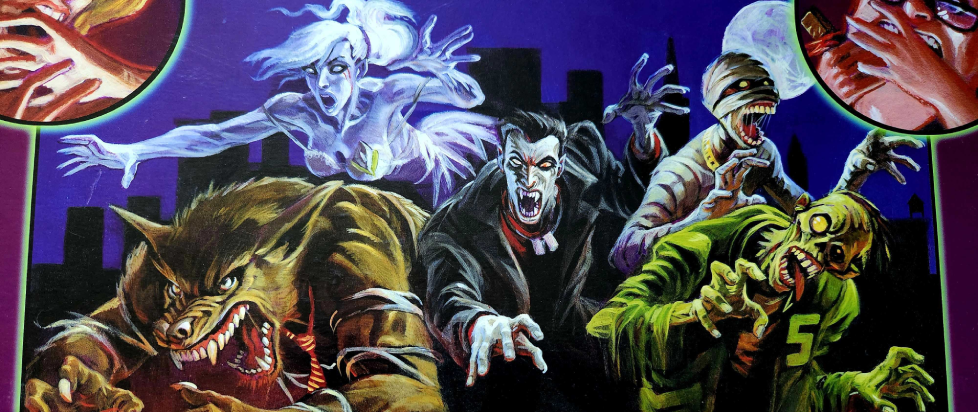 Crop of the cover of Monster Mayhem, a painting featuring your classic mosters like Sexy Ghost, Necktie Werewolf, Dog Collar Dracula, Too Many Teeth Mummy, and Jock Zombie