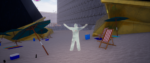 Screenshot from Paradise Killer where you face a shimmering white humanoid figure with their arms raised, a ghost on the beach surrounded by chairs, umbrellas, and askew obelisks