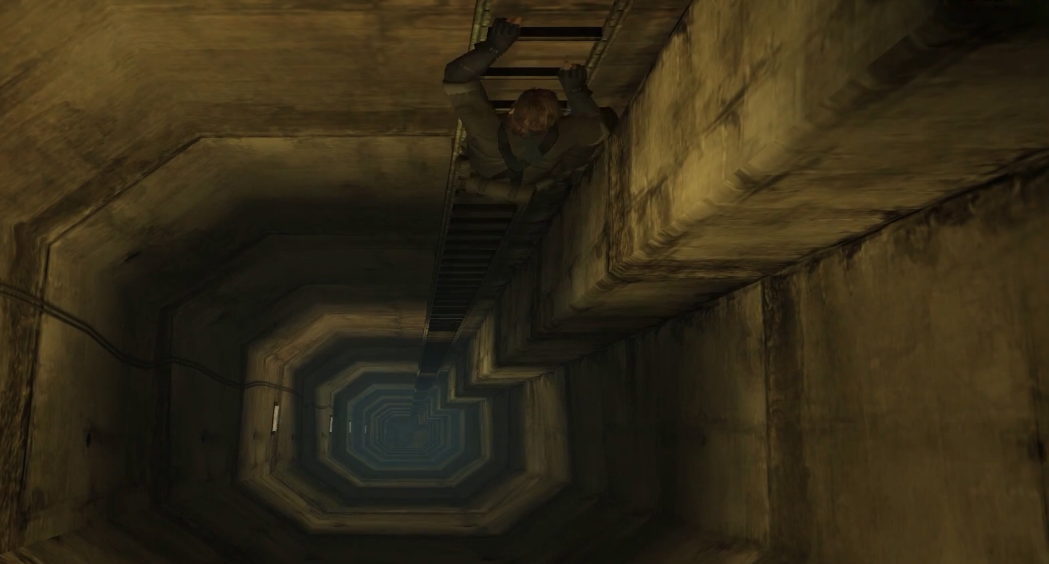 A top-down shot of Snake climbing a long ladder surrounded by cold, uncaring concrete. It's unclear how far he's come, or how far he has yet to climb