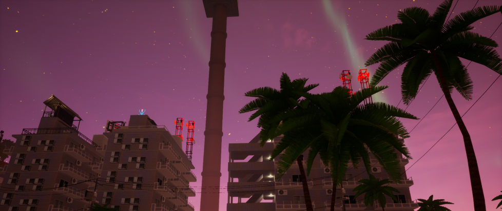 A nighttime skyline shot from Paradise Killer, featuring the brutalist concrete apartment buildings, palm trees, and long cylindrical tower of Island Sequence 24