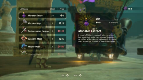 An in-game menu of Kilton's offerings, including a fancy vial of Monster Extract, a common Wooden Mop, and hand-stitched Bokoblin mask, all costing various amounts of "mon" represented by a cute little skull