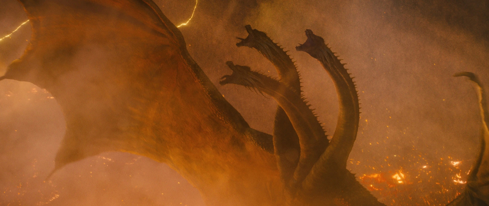 A painting of the many-headed King Ghidorah surrounded by a hazy orange glow. The three heads are roaring into the sky.