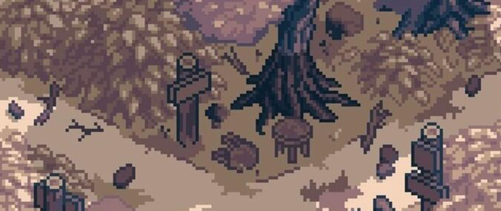 A screenshot from the videogame Roadwarden shows a crossroads in a pixelated, sepia-toned wood.