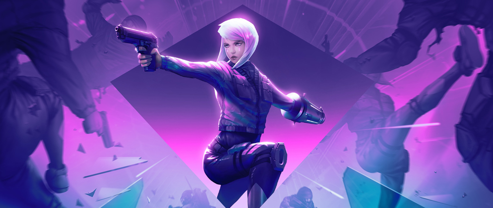 The protagonist of the videogame Severed Steel holds two pistols akimbo as she crouches down low, ready for all takers.