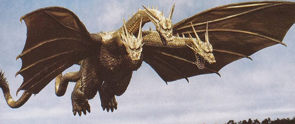 The triple-headed dragon/monster/alien King Ghidorah in flight.