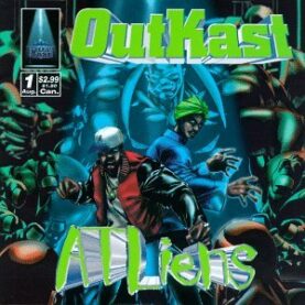 The cover of OutKast's ATliens album, depicting two MCs standing in an overhead beam of blue light.