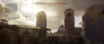 Screenshot from the game Outriders, featuring a bright partially overcast sky behind adobe towers, weathered and with exposed knobs of wood