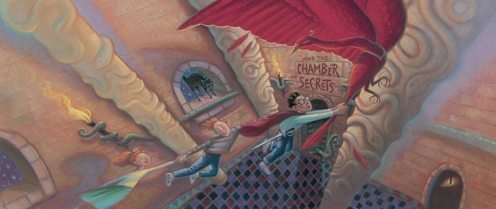 The full cover art from the dust jacket of the American release of Harry Potter and the Chamber of Secrets, featuring Harry, Ron and Hermione being carried to safety from a dungeon by Fawkes the phoenix.