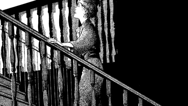 A pen-and-ink drawing in stark black and white showing a woman creeping trepidatiously up a wooden staircase.