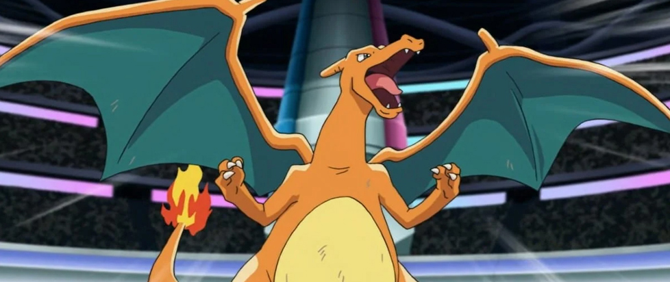 An image of Charizard, the orange fire-tailed dragon from Pokémon, with his wings outstretched.
